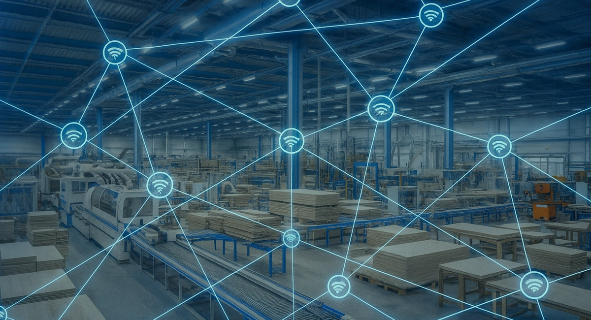 Hala produkcyjna z nakładką ikon Wi-Fi – wizualizacja przemysłowej sieci bezprzewodowej i łączności urządzeń IoT w fabryce.