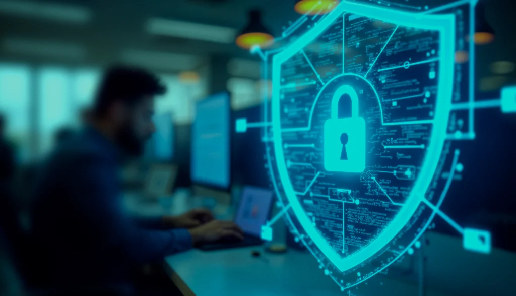 Tarcza z kłódką na tle stanowiska pracy – ilustracja ochrony przed cyberzagrożeniami i potrzeby monitoringu oraz reagowania na incydenty.