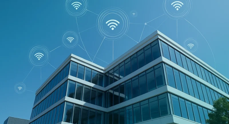 Budynek biurowy z ikonami Wi-Fi obrazujący model Zero Trust w dostępie do sieci firmowej