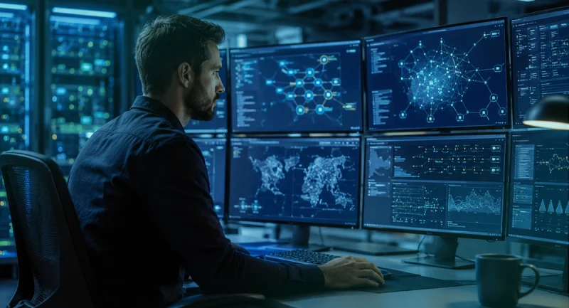 Specjalista IT monitorujący bezpieczeństwo i wydajność sieci na wielu ekranach.