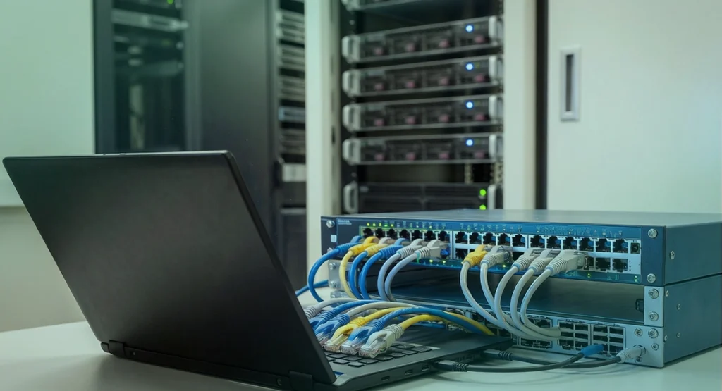 Laptop podłączony do przełączników sieciowych podczas diagnostyki infrastruktury IT.